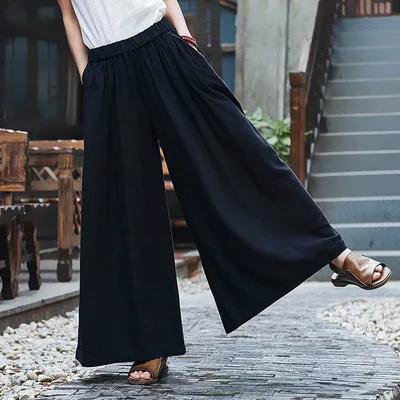 Linen Slim looking Stone Washed Trousers Yoga Travel Culottes Blackish - Shop at LoveMi