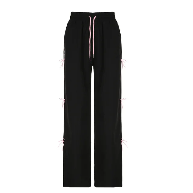 Women's Bow Elastic Waistband Lace up Casual Pants Black - Shop at LoveMi