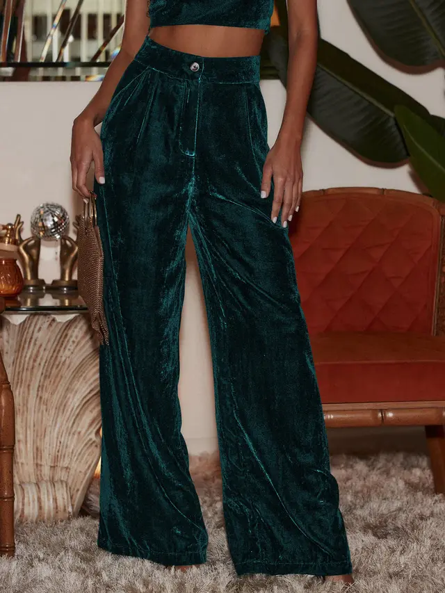 Women's Fashion Gold Velvet Drooping Wide leg Pants Dark Green - Shop at LoveMi