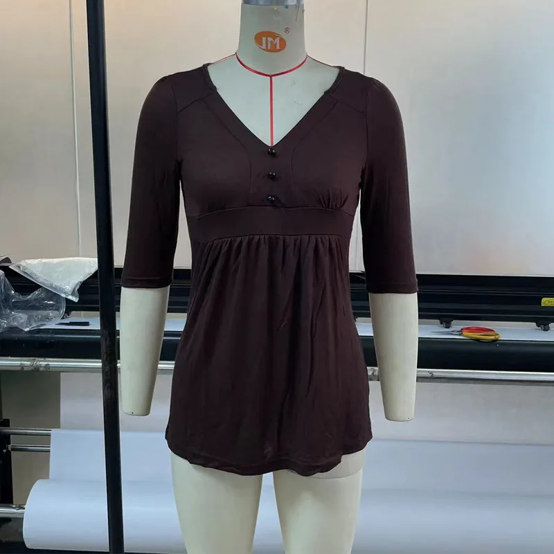 Summer Pure Color Tight Casual Waist Tight V-neck Pullover Top - Brown