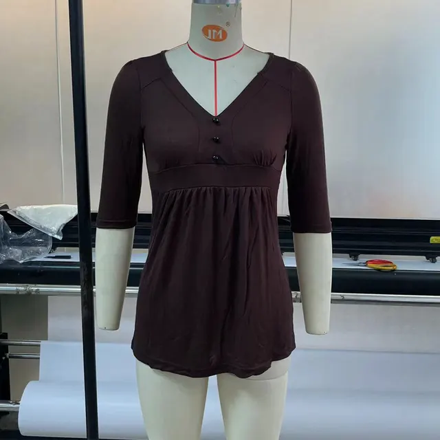 Summer Pure Color Tight Casual Waist Tight V neck Pullover Top Brown - Shop at LoveMi