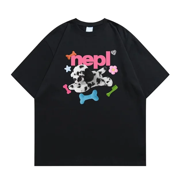 Trend Cartoon Vintage Spotted Dog Printed Short sleeved T shirt Black - Shop at LoveMi