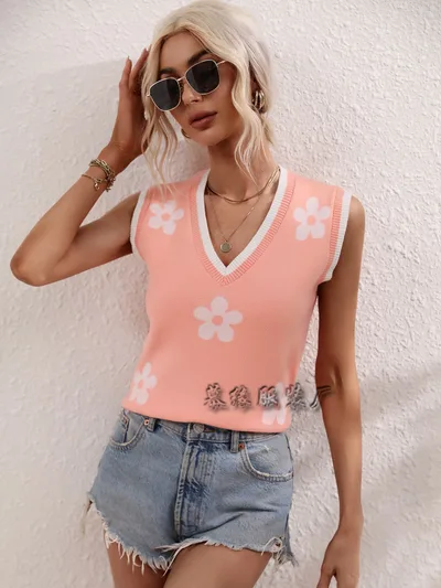 European And American Printed V neck Sleeveless Flower Sweater Pink Color - Shop at LoveMi