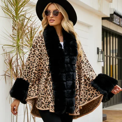Women's Leopard Winter Imitate Rex Rabbit Fur Warm Thickened Cape Coat Khaki - Shop at LoveMi