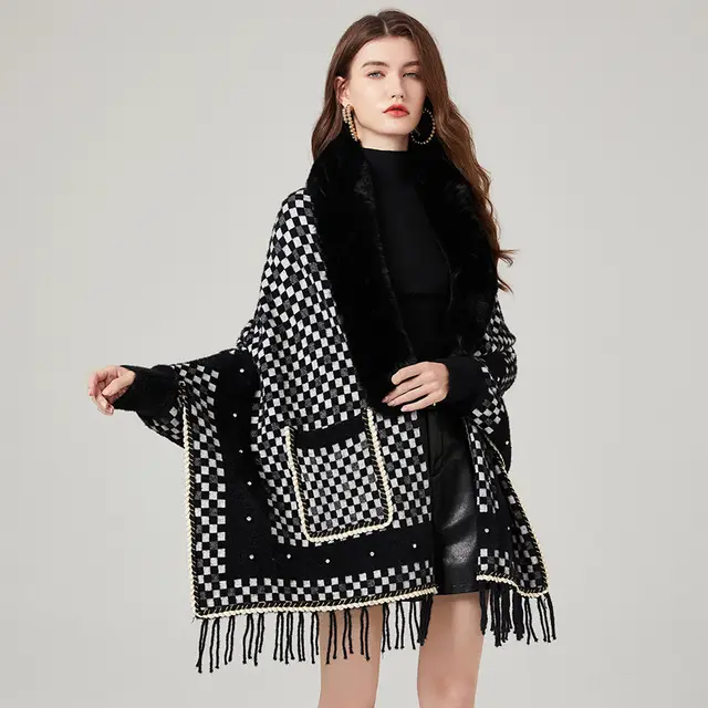 Women's Waterproof Mink Velvet Big Fur Collar Classic Plaid Sweater Coat Black - Shop at LoveMi