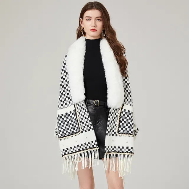 Women's Waterproof Mink Velvet Big Fur Collar Classic Plaid Sweater Coat White - Shop at LoveMi