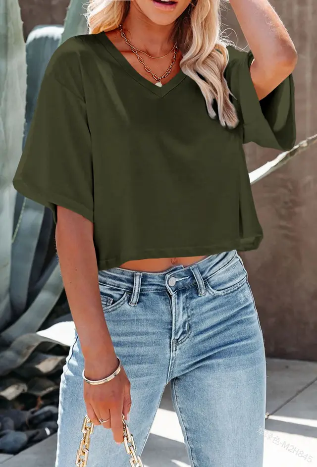 Women's V neck Short Sleeve Loose T shirt Short Midriff baring Top Army Green - Shop at LoveMi
