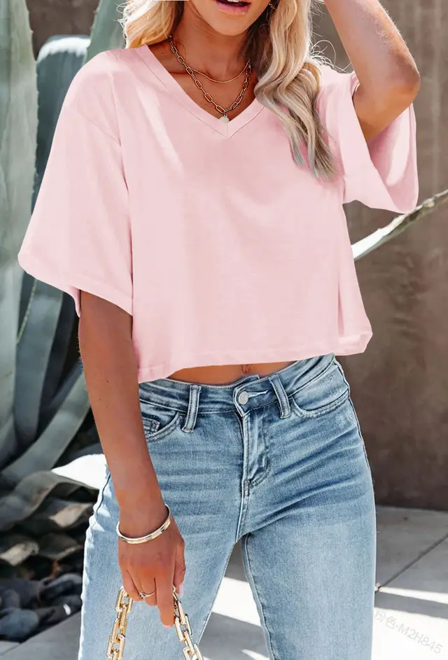 Women's V neck Short Sleeve Loose T shirt Short Midriff baring Top Pink - Shop at LoveMi