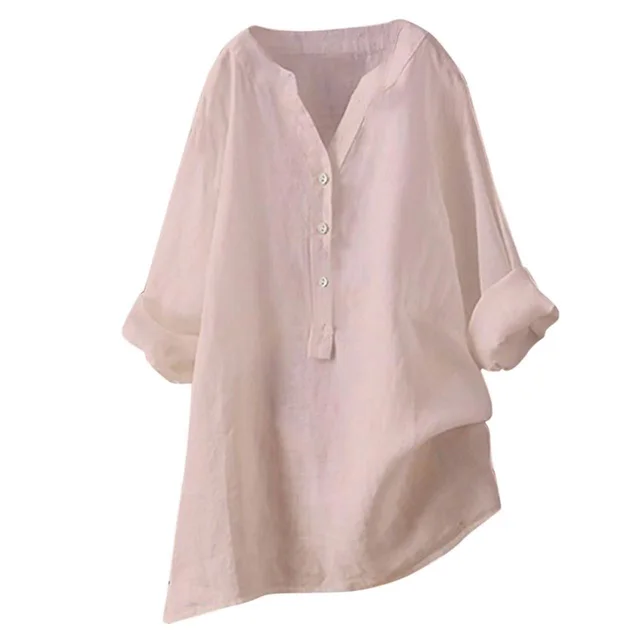 Loose Solid Color Stand Collar Button Long Sleeve Cotton And Linen Top Pink - Shop at LoveMi