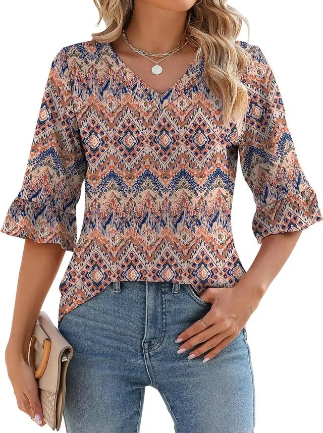 34 Flare Sleeve V neck Casual Loose fitting T shirt Top Women Apricot Geometry - Shop at LoveMi