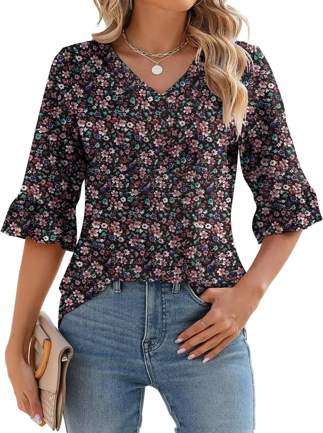 34 Flare Sleeve V neck Casual Loose fitting T shirt Top Women Black Flowers - Shop at LoveMi