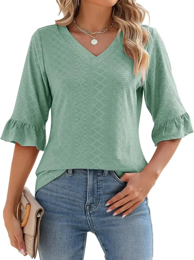 34 Flare Sleeve V neck Casual Loose fitting T shirt Top Women Light Green - Shop at LoveMi