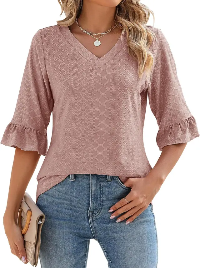 34 Flare Sleeve V neck Casual Loose fitting T shirt Top Women Pink - Shop at LoveMi