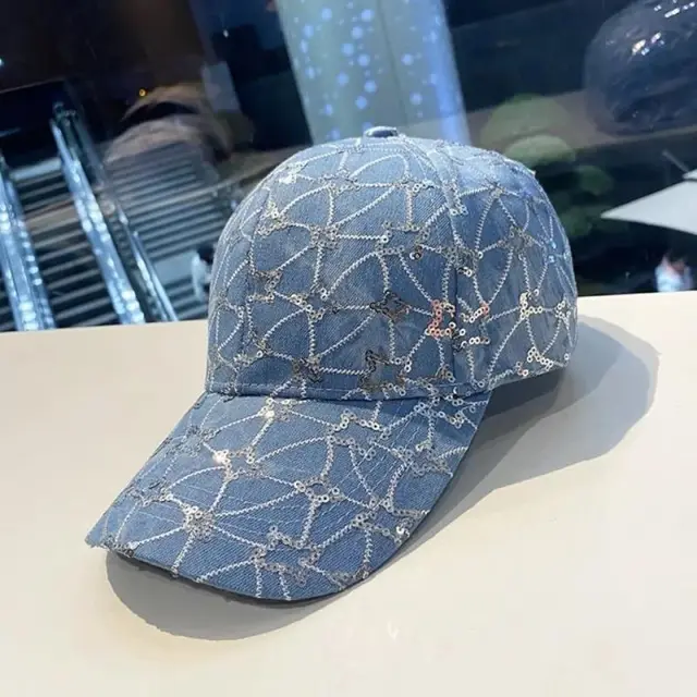 Korean Style Sequined Denim Fashion Baseball Cap Light Blue - Shop at LoveMi