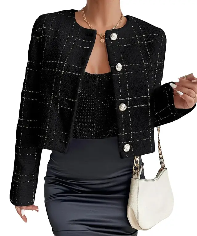 Women's Fashion Plaid Button Jacket Black - Shop at LoveMi