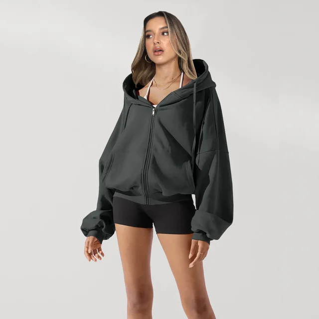 Zipper Hoodies Sports Jacket Fashion Loose Hooded Sweatshirt Casual Solid Women's Clothing Ewqj082 Gray - Shop at LoveMi