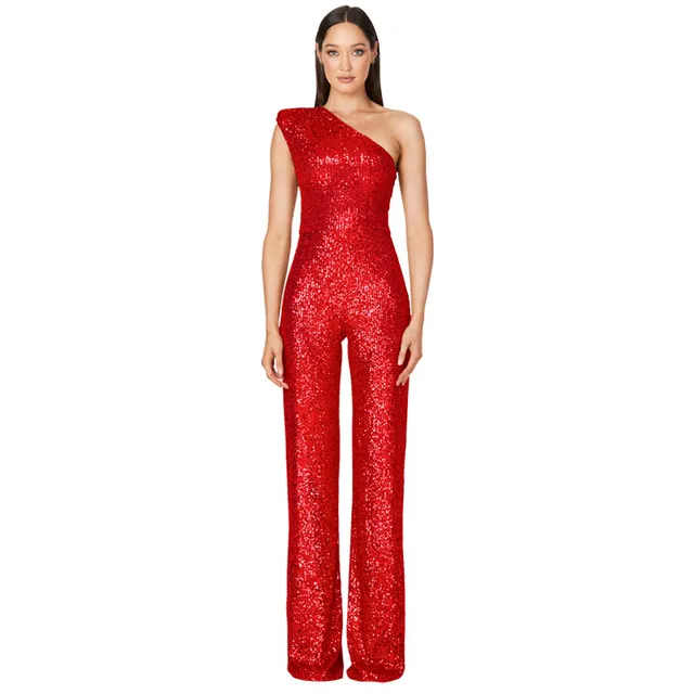 Sleeveless One shoulder Fashion High Waist Design Sequined Jumpsuit Red - Shop at LoveMi