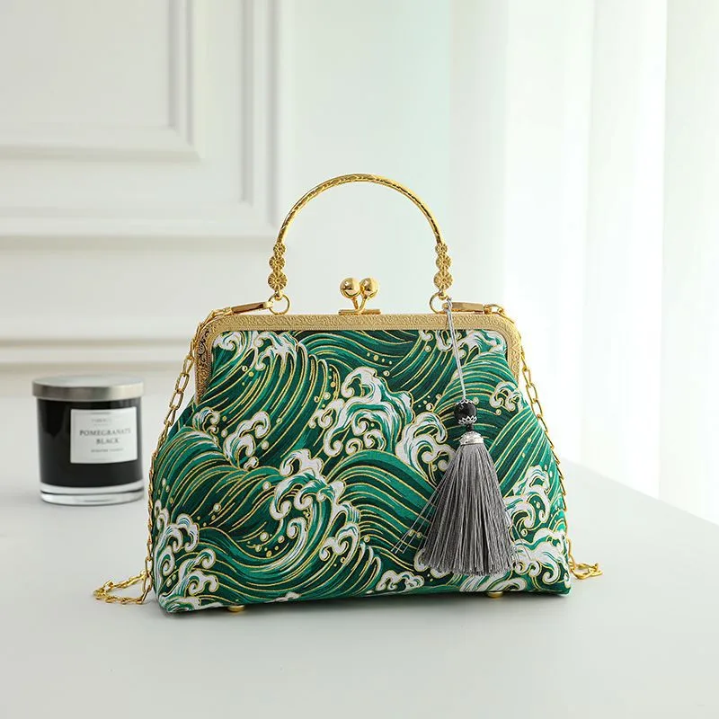 New Retro National Style Embroidered Clutch Bag Red crowned Crane Handbag Green - Shop at LoveMi