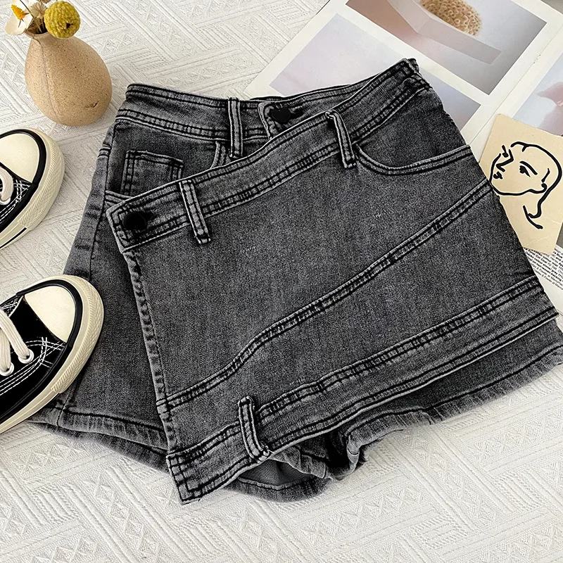Irregular Denim Sheath Half-length Pants Casual Shorts - Dark Grey