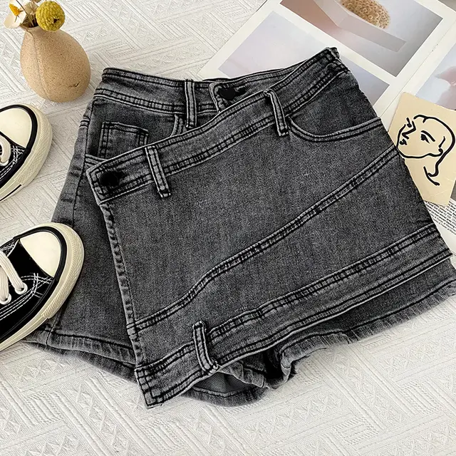 Irregular Denim Sheath Half length Pants Casual Shorts Dark Grey - Shop at LoveMi