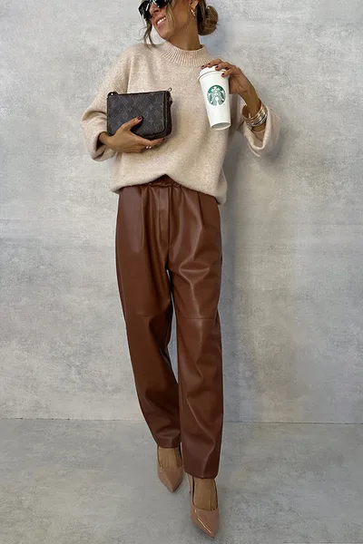 Elastic Waist With Pocket Street Leather Pants Women Brown - Shop at LoveMi