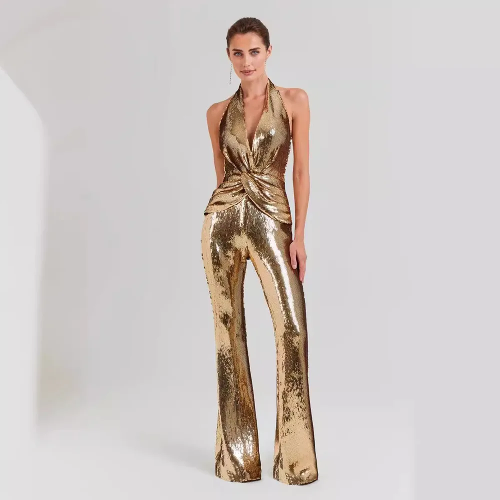 Elegant Graceful Backless Sequined Women's Jumpsuit - Gold