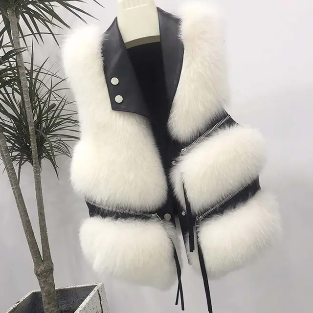 Women's Fashion Vest Fur Coat White Fur And Black Leather - Shop at LoveMi