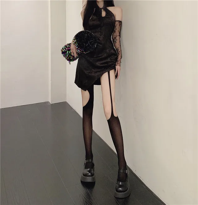 Asymmetric Sling Black Silk Socks Sexy Ripped Hollow out Black - Shop at LoveMi