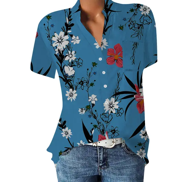 Women's V neck Floral Print Short sleeved Shirt Blue Pattern - Shop at LoveMi