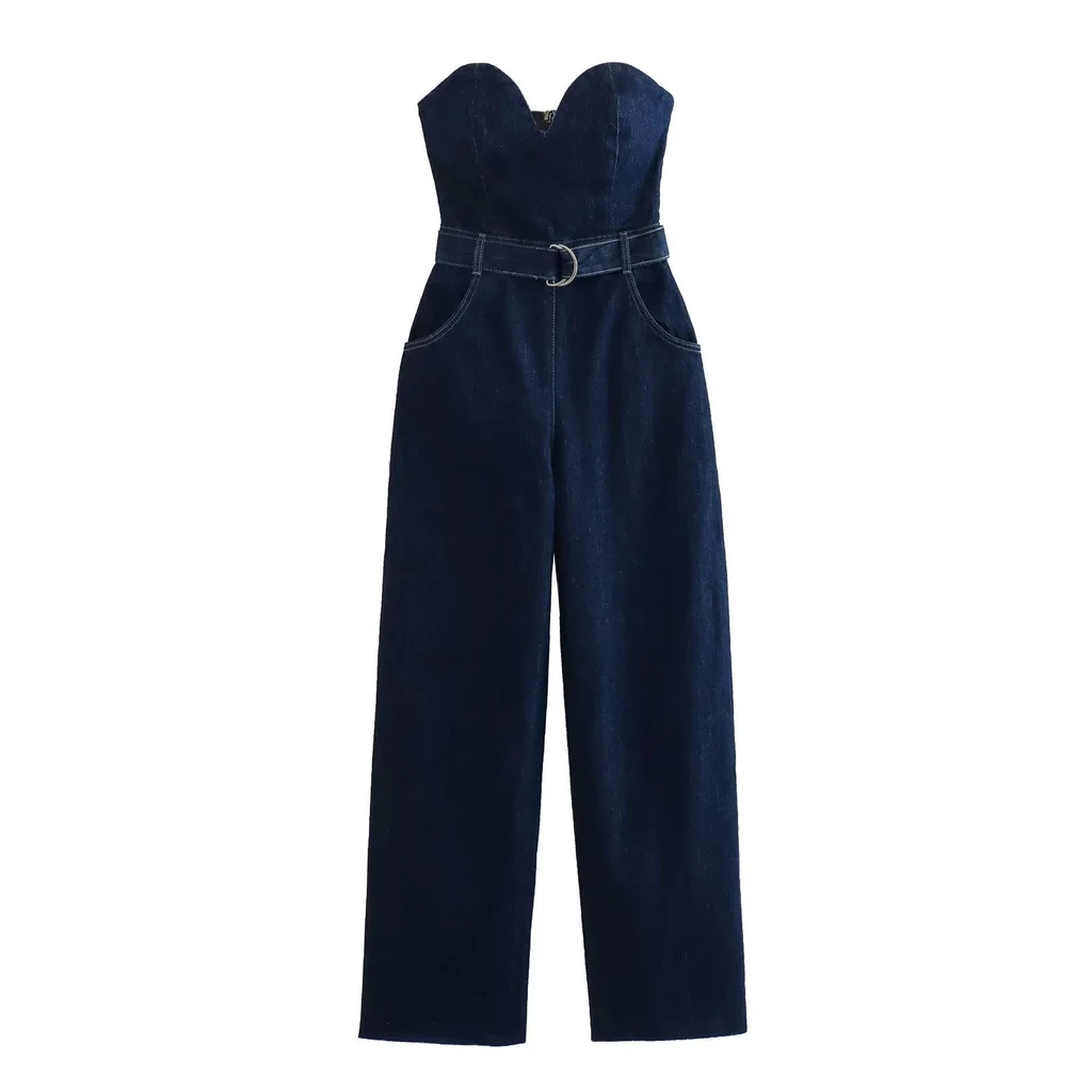 European And American Style Tube Top With Belt Denim Jumpsuit Women's