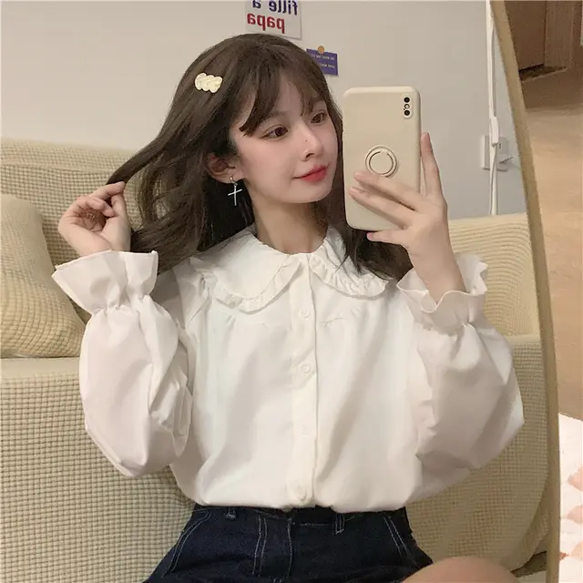 French Style Retro Peter Pan Collar Shirt For Women White - Shop at LoveMi