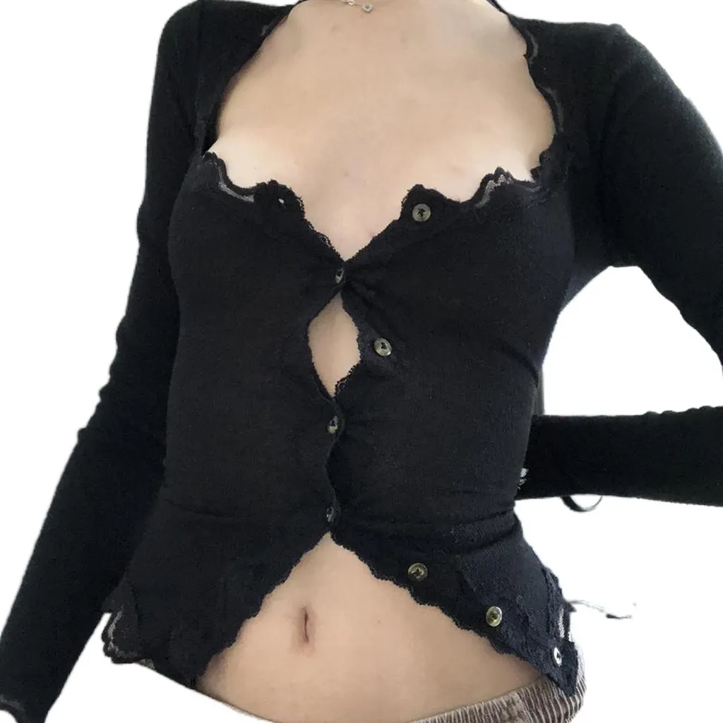 Lace Edge Bracket Collar Stretch Tight Cardigan Button Long Sleeve - Black