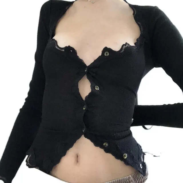 Lace Edge Bracket Collar Stretch Tight Cardigan Button Long Sleeve Black - Shop at LoveMi