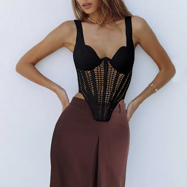 Women's All match Low cut Collar Hollow Out See through Fishbone Vest Black - Shop at LoveMi