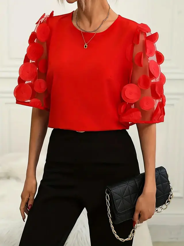 Round Neck Hollow out Short sleeved Shirt Casual Top Red - Shop at LoveMi