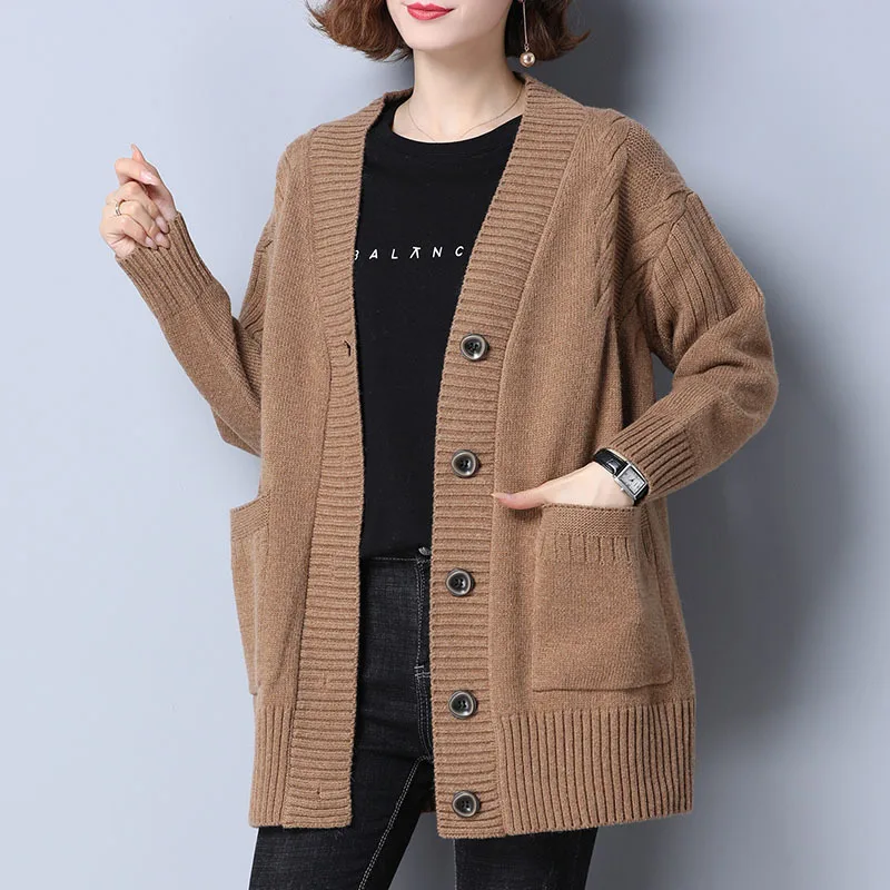 Women's Knitted Loose Mid length Sweater Cardigan Coat Camel - Shop at LoveMi