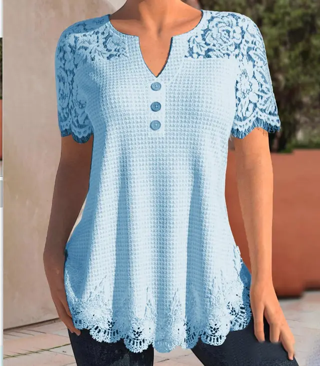 Plus Size Women's Knitted Lace Stitching Lace Short sleeved T shirt Blue - Shop at LoveMi