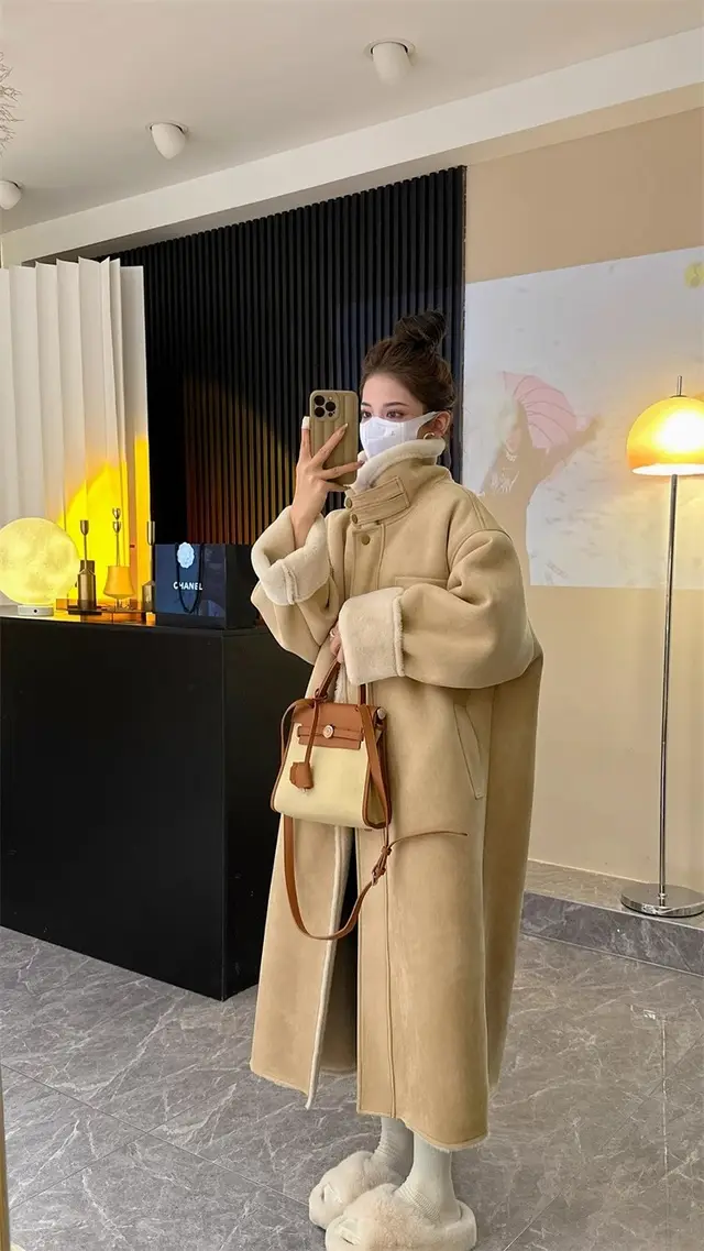 Thickened Imitation Fur Coat Overcoat Women's Long Lamb Suede Apricot - Shop at LoveMi