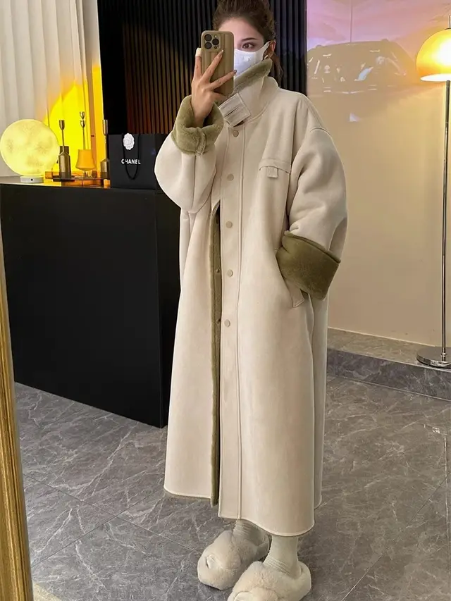 Thickened Imitation Fur Coat Overcoat Women's Long Lamb Suede Beige White - Shop at LoveMi