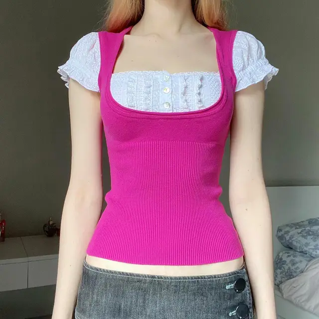 Women's Square Collar Lace Patchwork Knitted Short Sleeve Rose Red - Shop at LoveMi