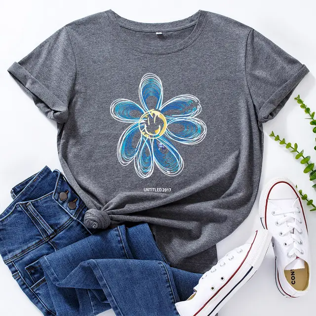 European And American Cotton Loose Round Neck Creative Flower Short Sleeve Dark Gray - Shop at LoveMi