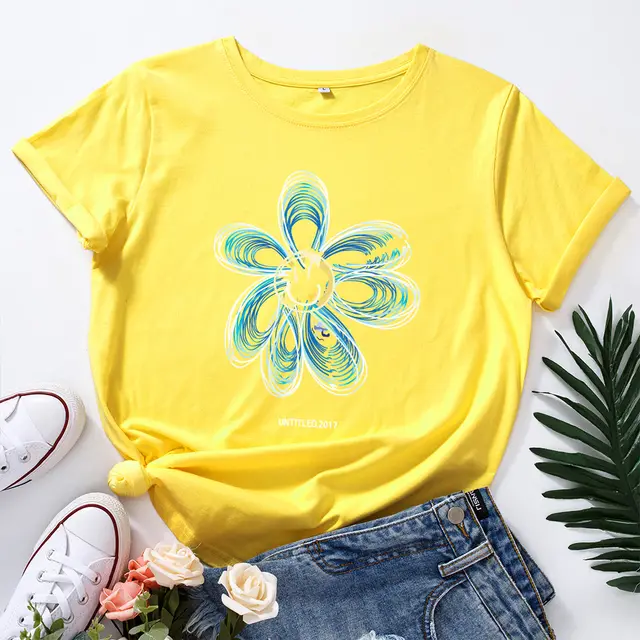 European And American Cotton Loose Round Neck Creative Flower Short Sleeve Yellow - Shop at LoveMi