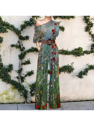 European American Fashion Floral Print One-shoulder High Waist Jumpsuit For Women - New Color2
