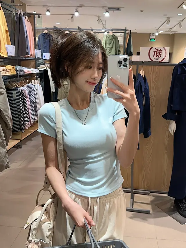 Short sleeved Bottoming Shirt Inner Wear T shirt Women's Short Tight Top Blue - Shop at LoveMi