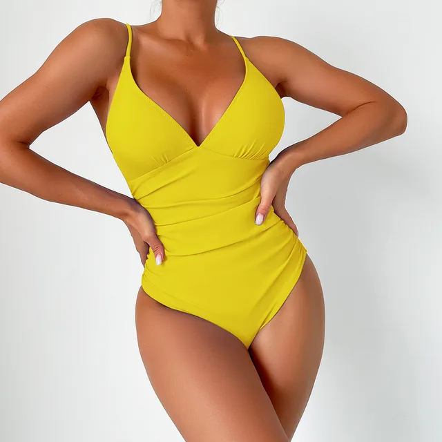 Women's Deep V Pure Color Ribbon Chest Pad One piece Swimsuit Yellow - Shop at LoveMi