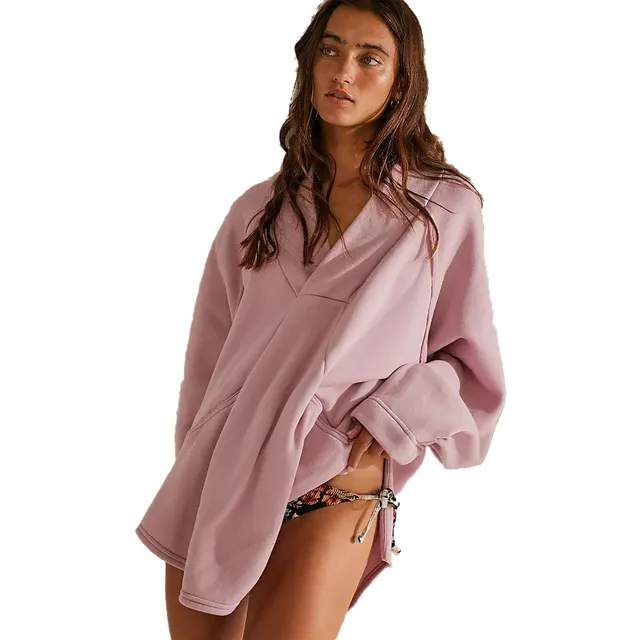 European And American Fashion Cool Loose Deep V Pocket Sweatshirt Pink - Shop at LoveMi