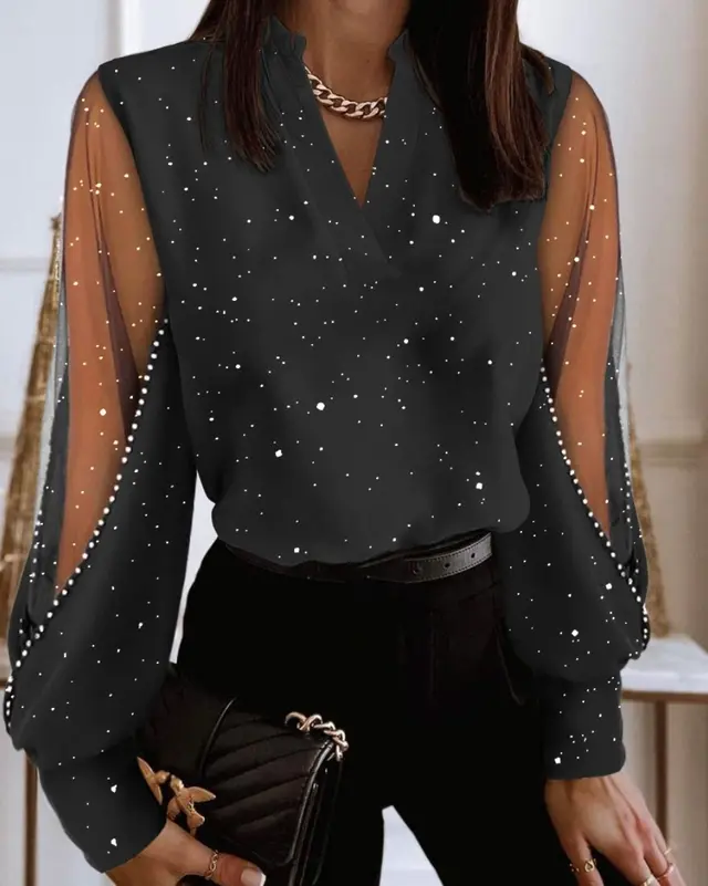 Fashion V neck Lace Long Sleeve Shirt Women's Clothing Black 2 - Shop at LoveMi
