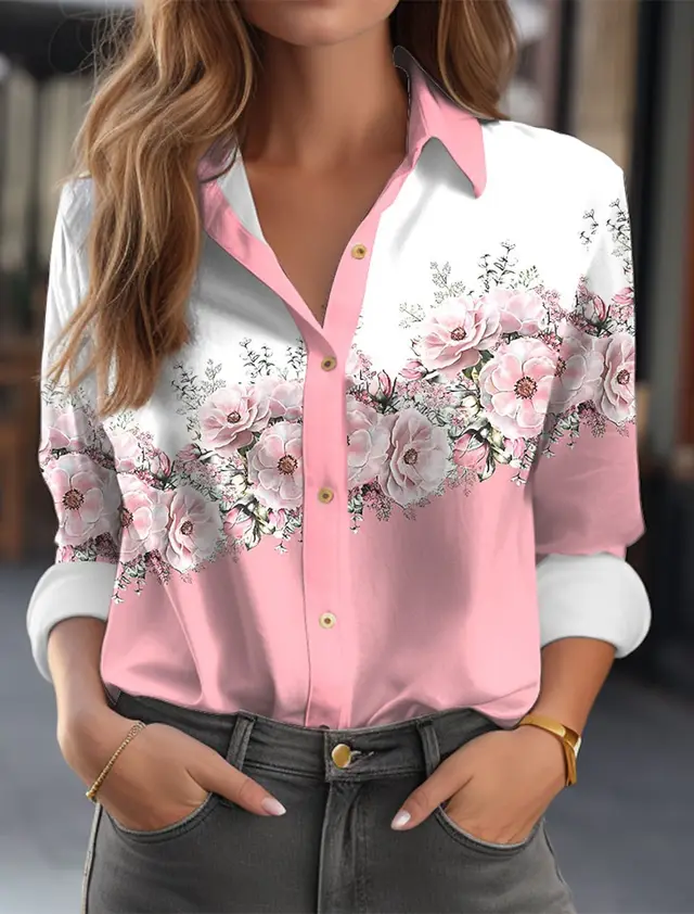 Women's Color Matching Printed Long sleeved Lapel Button Shirt 3V5Yy61 - Shop at LoveMi