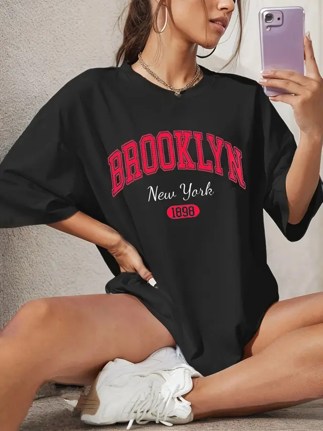 Printed Drop Shoulder Women's T shirt Summer Fashion Casual Women's Top Idle Style Black 02 - Shop at LoveMi