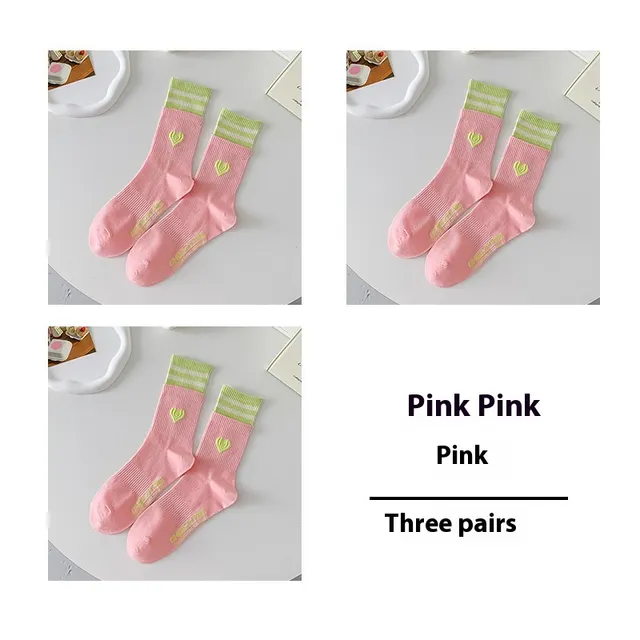 Women's Patchwork Striped Printed Mid Length Socks Pink Pack Of Three Pairs - Shop at LoveMi